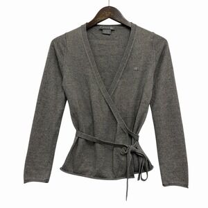 Lacoste Women's 38 Gray Cashmere/Cotton Knit Belted Open V-Neck Cardigan Sweater